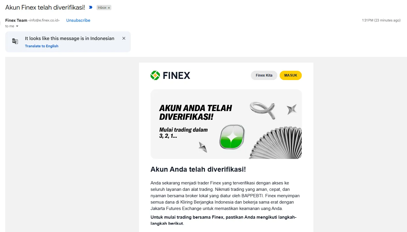 Email Finex: akun telah diverifikasi