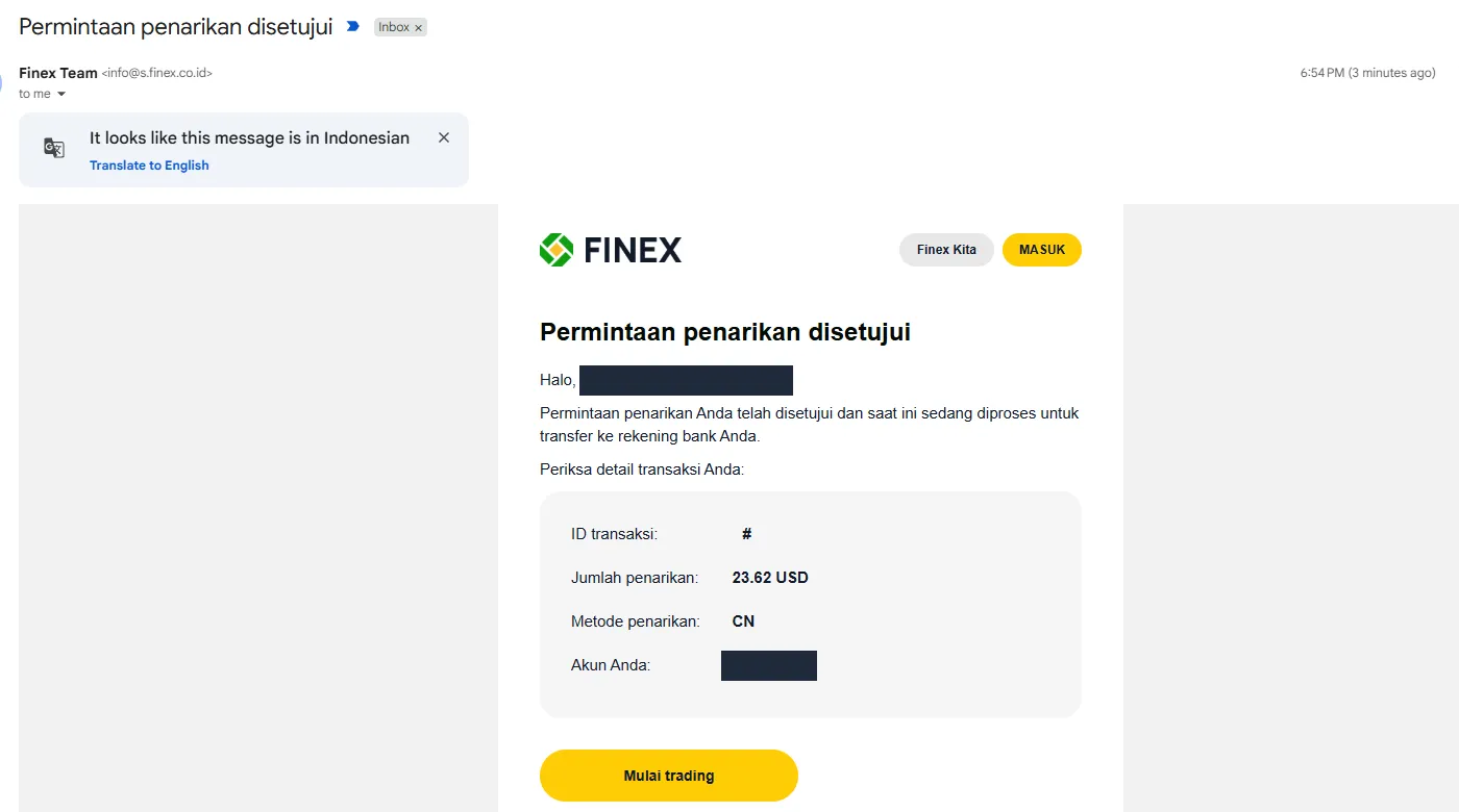 Email Finex: permintaan penarikan disetujui, data disensor