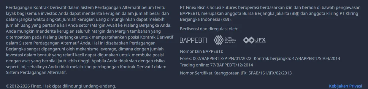Footer area klien Finex dengan nomor persetujuan forex, kontrak berjangka, dan trading online