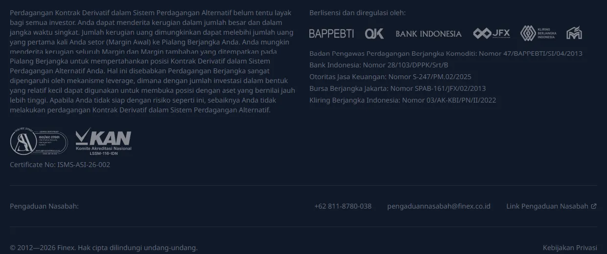 Footer legalitas Finex dengan nomor izin dan sertifikasi
