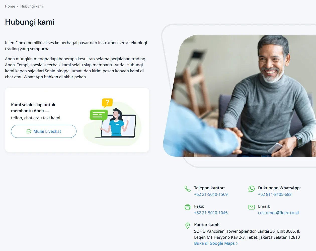 Halaman Hubungi Kami Finex dengan telepon, WhatsApp, email, dan alamat