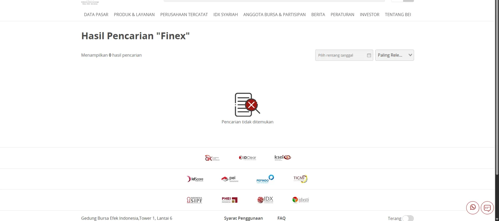 Pencarian Finex di situs Bursa Efek Indonesia tanpa hasil