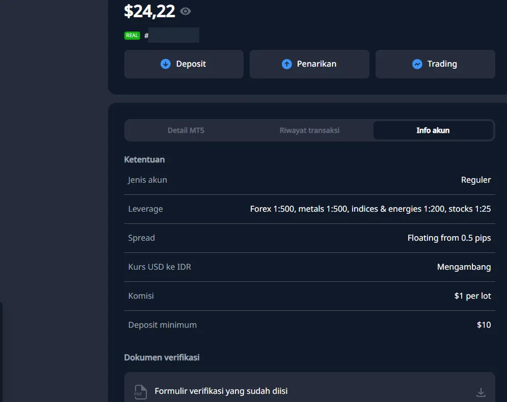 Tab Info akun di area klien Finex, nomor akun disensor