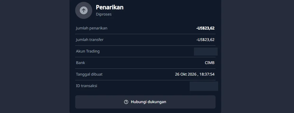 Detail penarikan Finex $23,62 ke CIMB berstatus Diproses