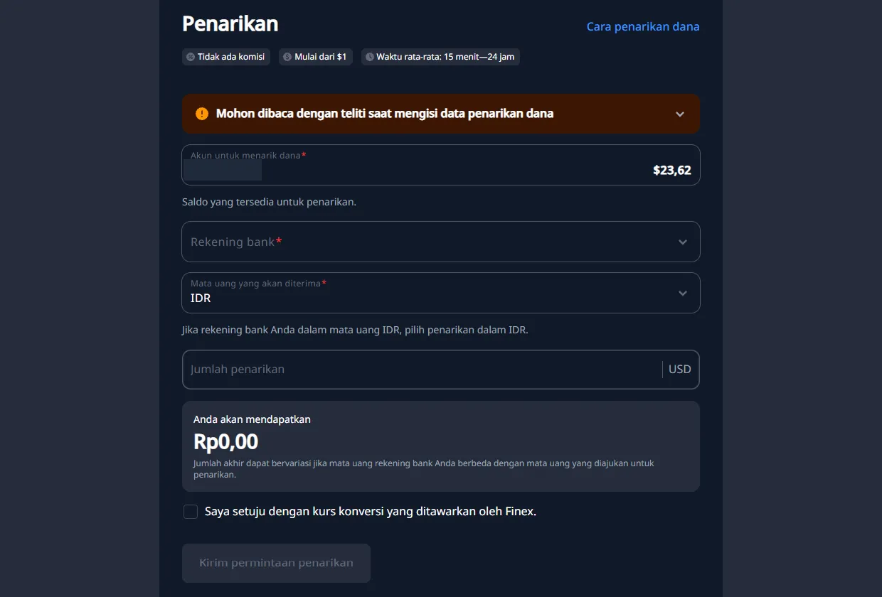 Formulir penarikan Finex dengan saldo $23,62, nomor akun disensor