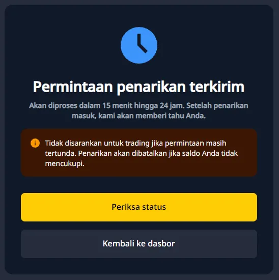 Konfirmasi Finex: permintaan penarikan terkirim, diproses 15 menit hingga 24 jam