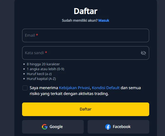 Formulir pendaftaran Finex dengan email dan kata sandi