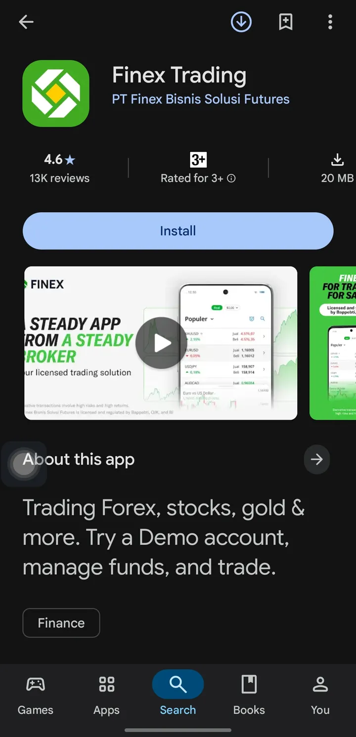 Listing Finex Trading di Google Play: rating 4,6 dari 13 ribu ulasan