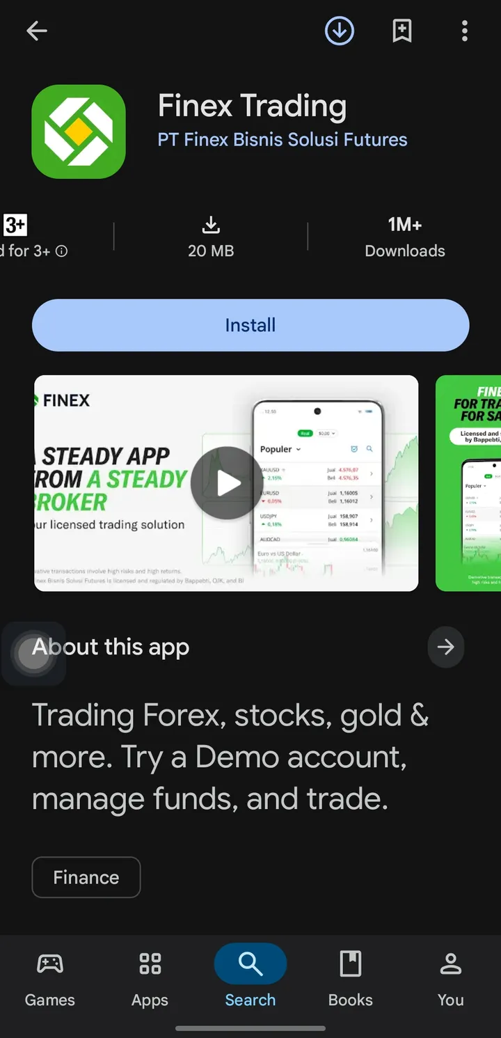 Listing Finex Trading di Google Play: 1 juta+ unduhan
