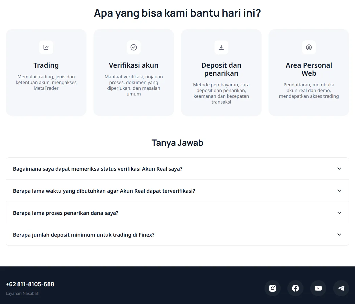 Pusat Bantuan Finex dengan empat kategori dan tanya jawab