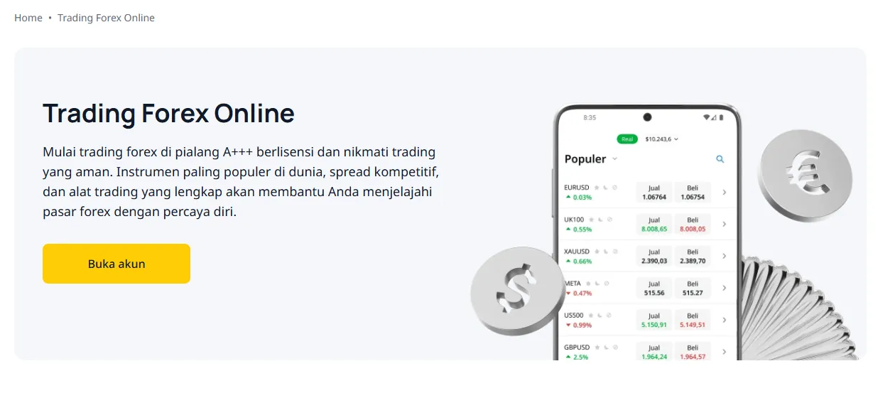Halaman Trading Forex Online Finex dengan pratinjau aplikasi