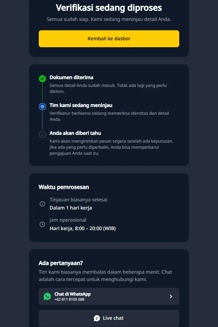 Verifikasi Finex sedang diproses, dengan waktu dan jam operasional