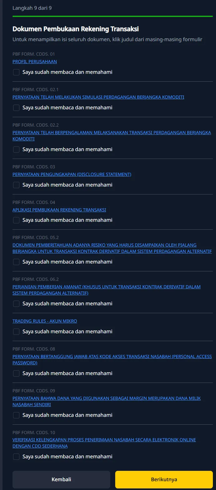 Langkah 9 dari 9: daftar dokumen pembukaan rekening CDD Sederhana