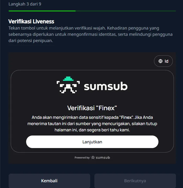 Langkah 3 dari 9: verifikasi liveness lewat Sumsub