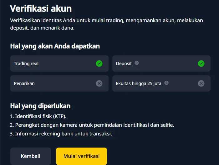 Halaman verifikasi akun Finex dengan syarat KTP, kamera, dan rekening