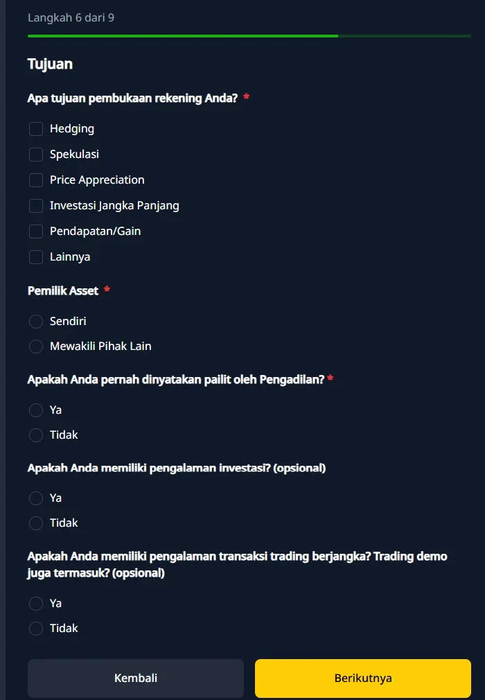 Langkah 6 dari 9: tujuan pembukaan rekening dan pengalaman