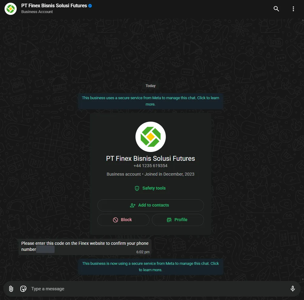 Pesan WhatsApp dari akun bisnis terverifikasi PT Finex Bisnis Solusi Futures, kode disensor