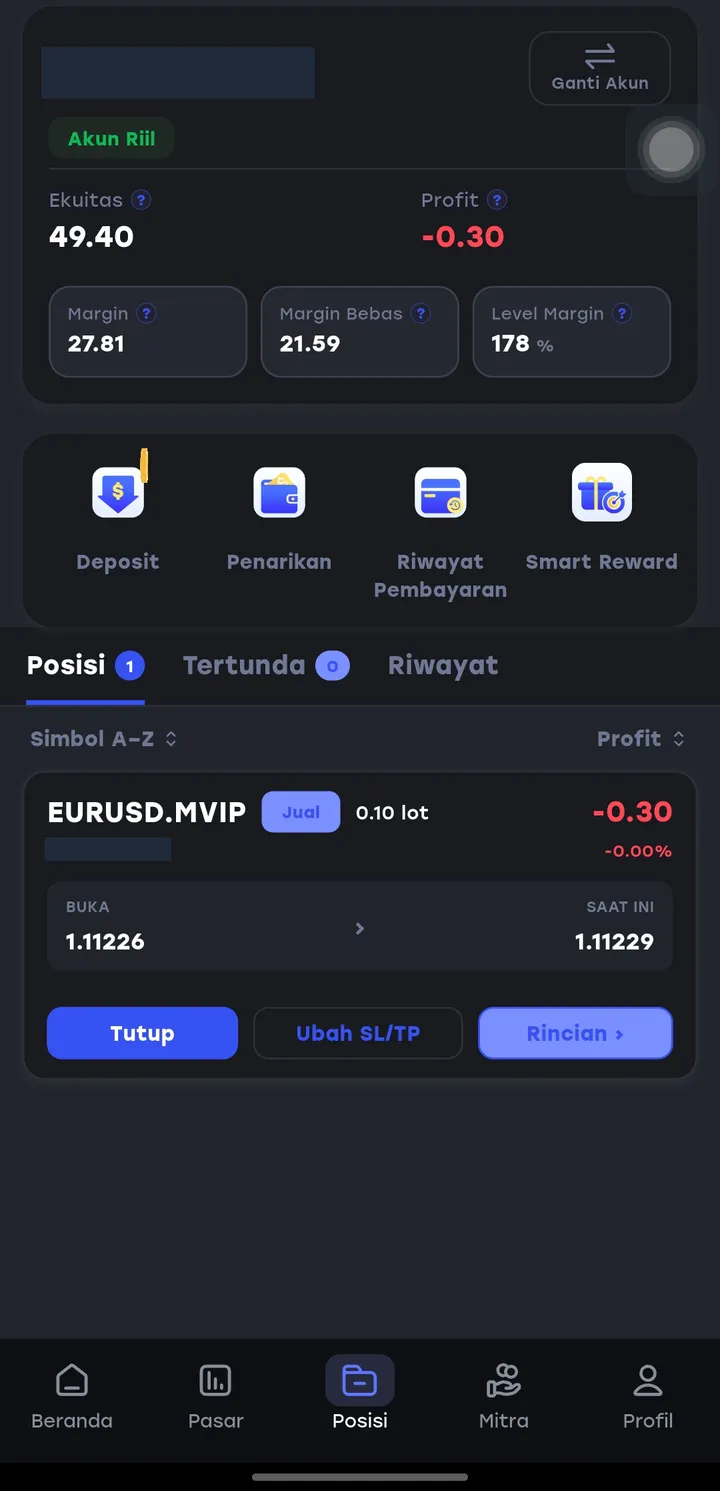 Posisi EUR/USD terbuka di aplikasi HSB dengan level margin