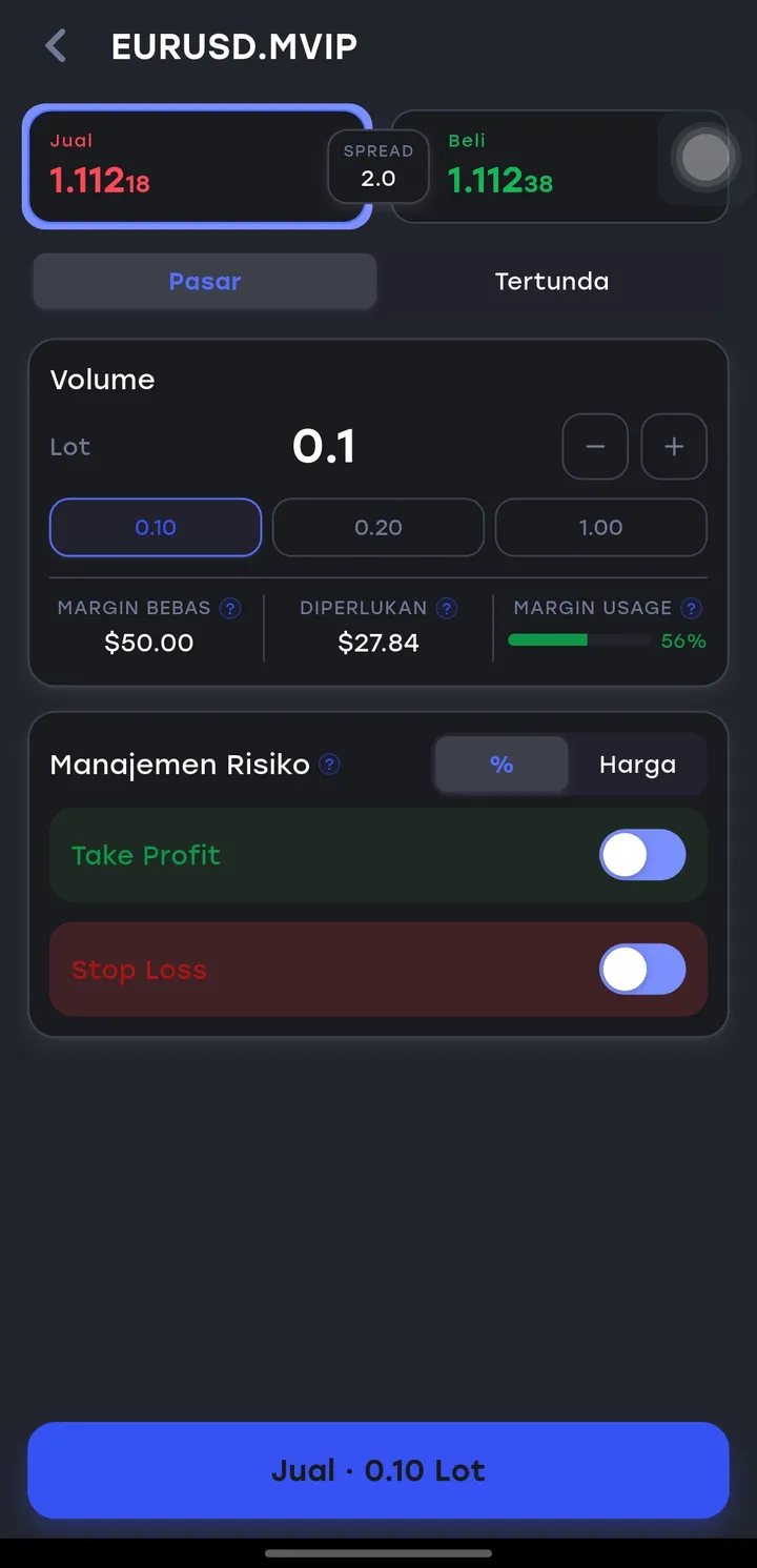 Tiket order EUR/USD .MVIP 0,1 lot di aplikasi HSB