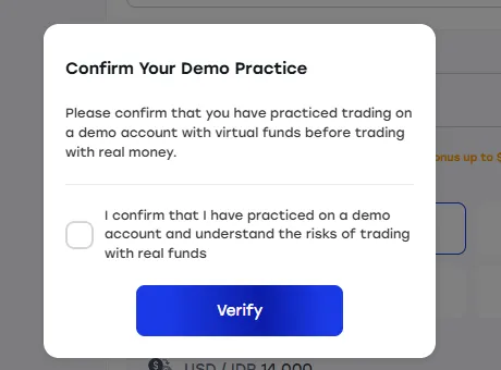 Konfirmasi sudah berlatih di akun demo sebelum deposit HSB