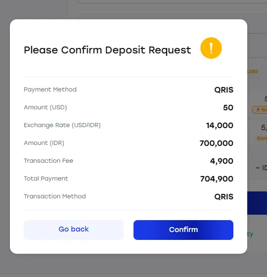 Konfirmasi deposit QRIS $50 dengan biaya Rp4.900