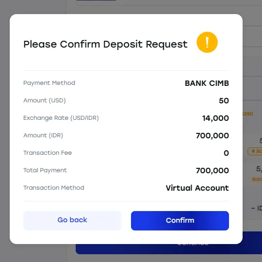 Konfirmasi deposit Virtual Account CIMB $50 tanpa biaya
