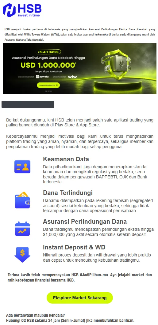 Email HSB tentang asuransi perlindungan dana nasabah