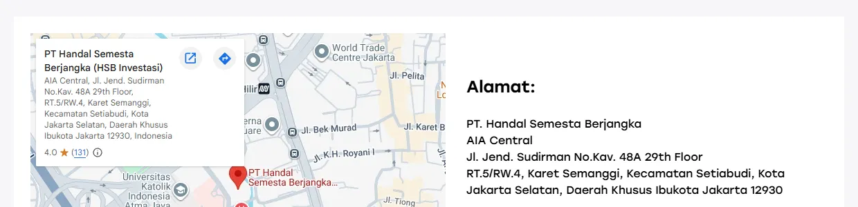 Halaman Hubungi Kami HSB dengan alamat AIA Central