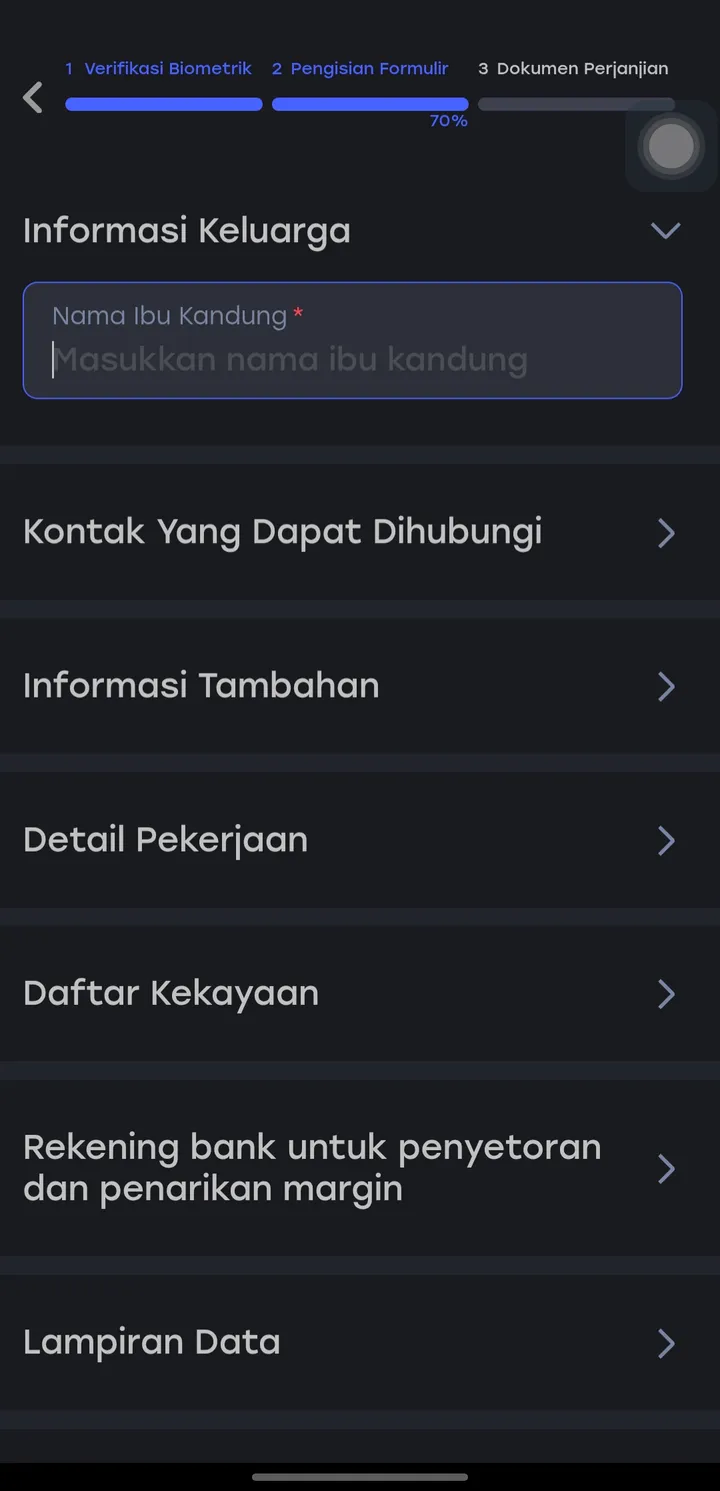 Bagian formulir KYC HSB: keluarga, kontak, pekerjaan, kekayaan, rekening