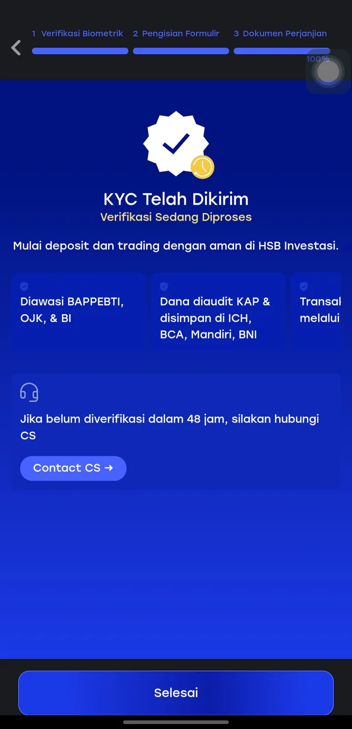 KYC HSB telah dikirim, verifikasi sedang diproses