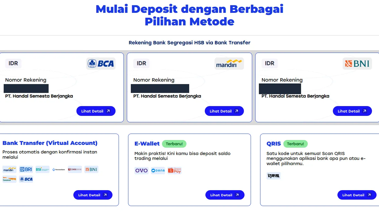 Metode deposit HSB: rekening segregasi, Virtual Account, e-wallet, QRIS