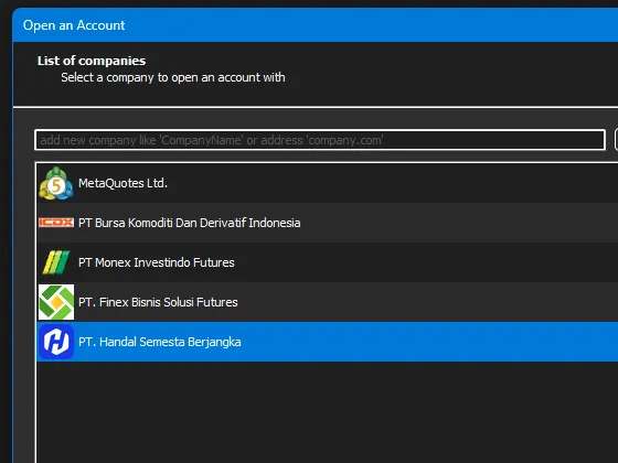Direktori perusahaan MetaTrader 5 dengan PT. Handal Semesta Berjangka