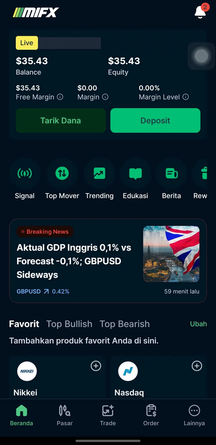 Beranda aplikasi MIFX dengan saldo dan pintasan