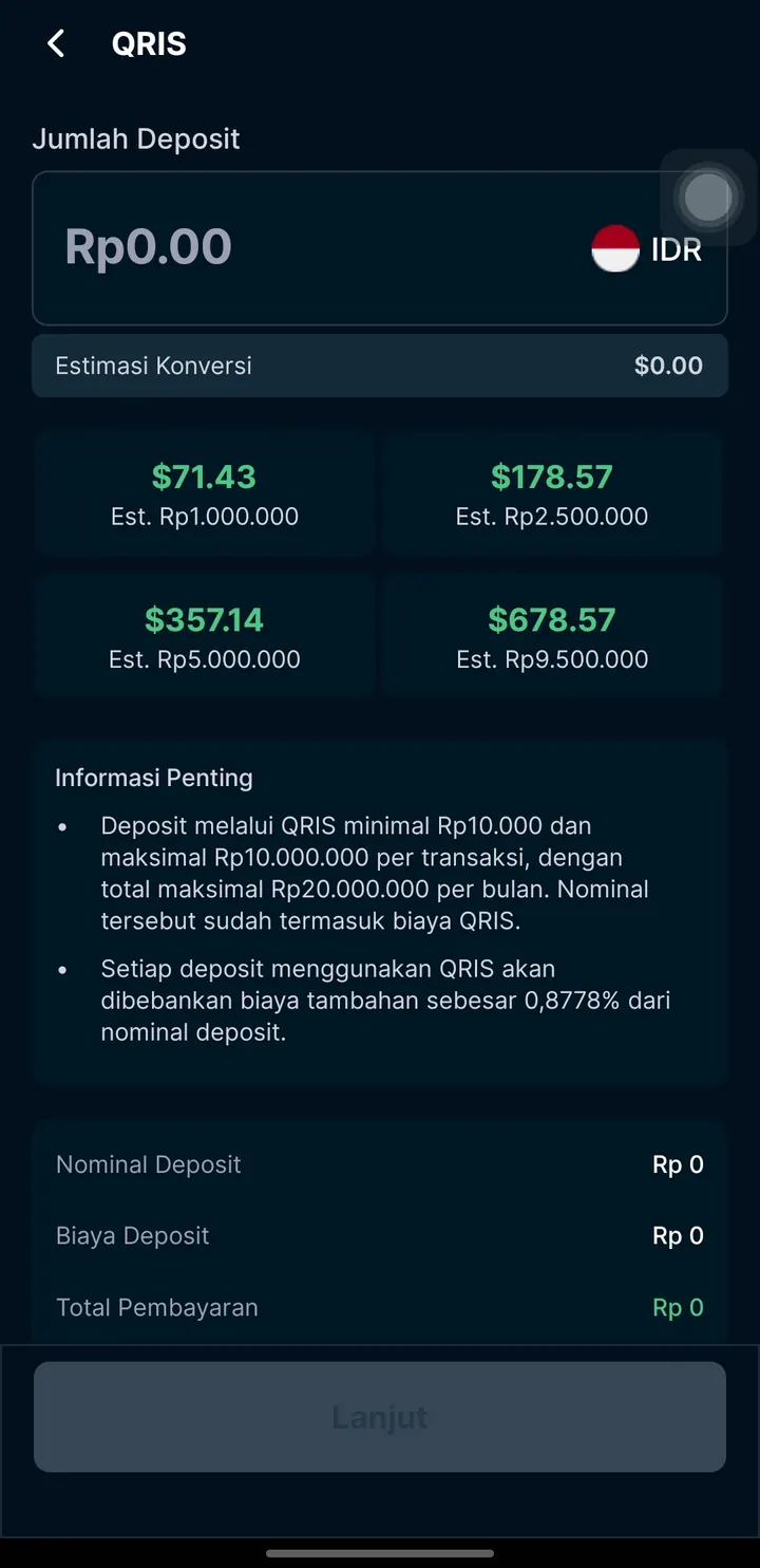 Formulir deposit QRIS di aplikasi MIFX dengan estimasi konversi dan biaya