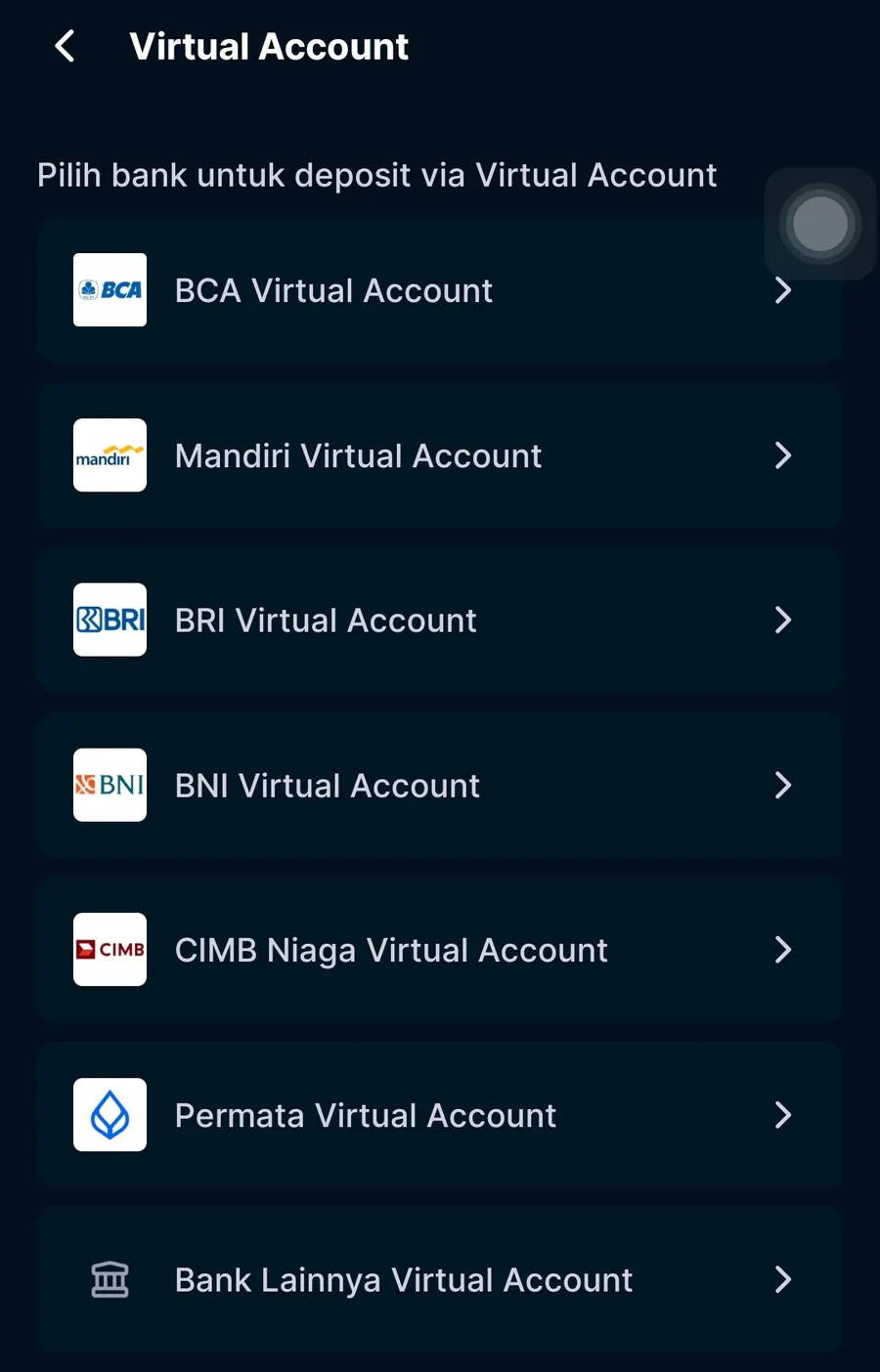 Pilihan bank Virtual Account di aplikasi MIFX setelah akun terdanai