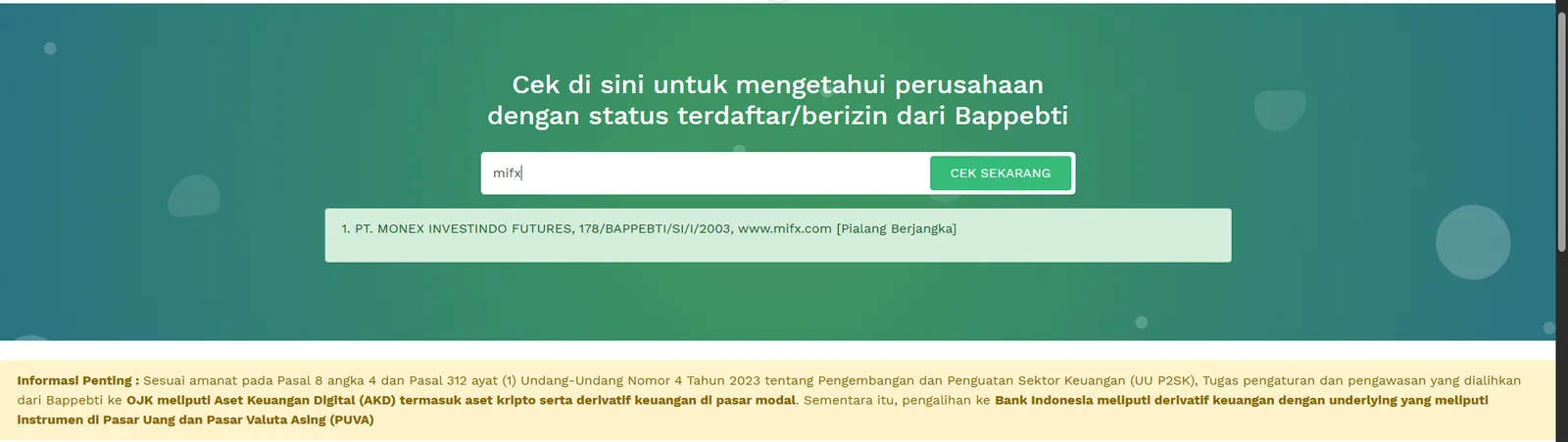 Hasil Cek Legalitas Bappebti untuk MIFX