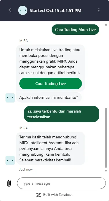 Jawaban MIRA berupa tautan artikel Cara Trading Live