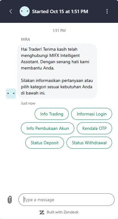 Asisten chat MIRA di situs MIFX dengan menu kategori