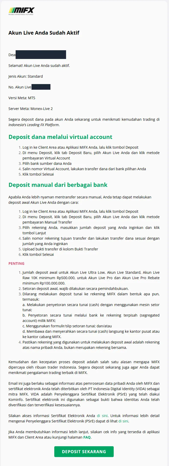 Email aktivasi akun live MIFX, nama dan nomor akun disensor