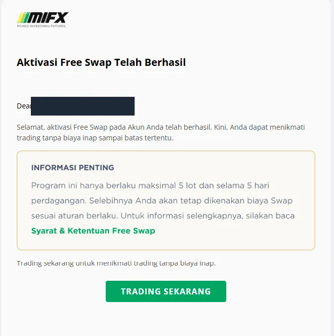 Email aktivasi Free Swap MIFX dengan batas 5 lot dan 5 hari