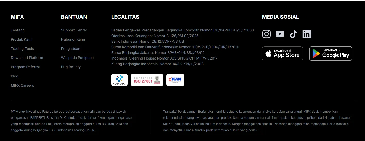 Footer legalitas MIFX dengan nomor izin dan sertifikasi