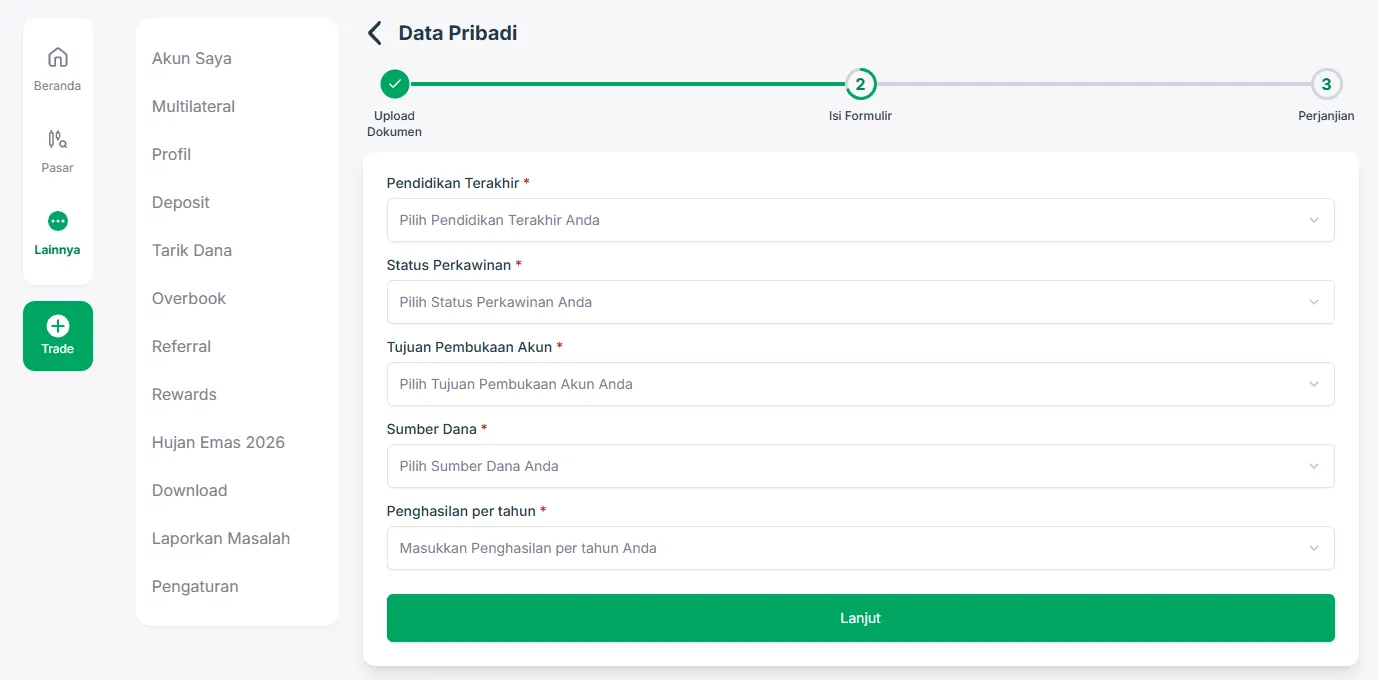 Formulir data pribadi MIFX: pendidikan, tujuan, sumber dana, penghasilan