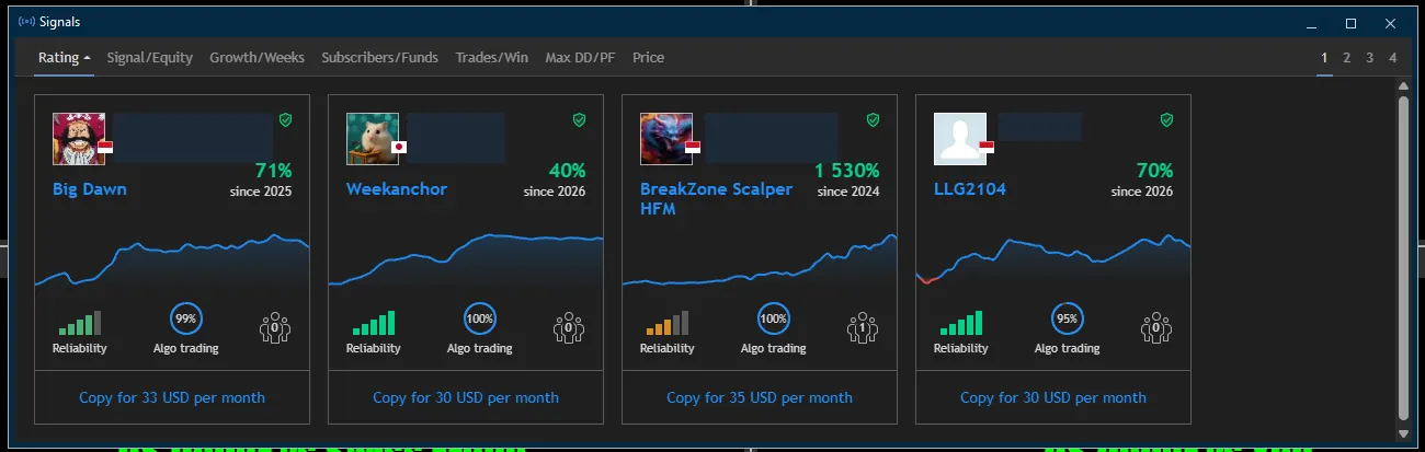 Pasar Signals MetaTrader 5, nama penyedia disensor