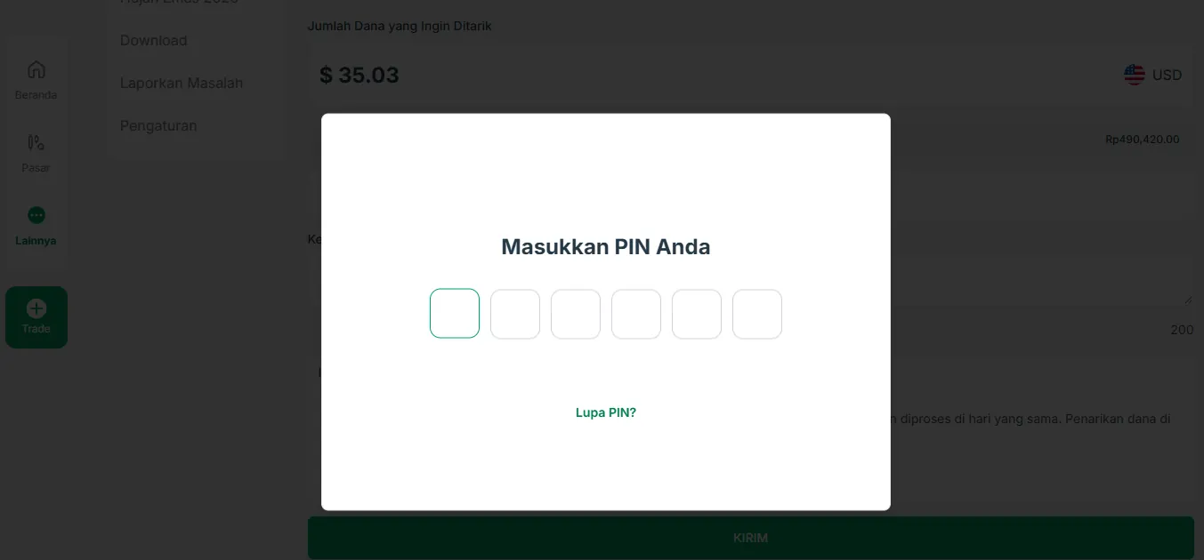 Penarikan $35,03 di MIFX dengan konfirmasi PIN