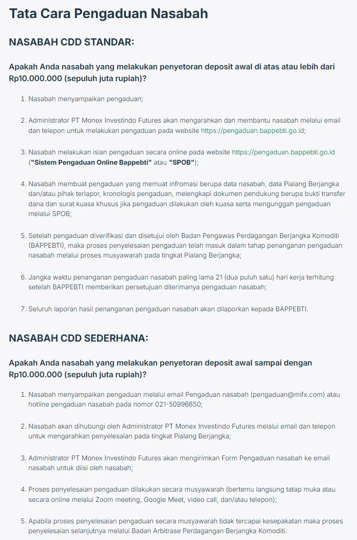 Halaman Pengaduan MIFX: tata cara pengaduan nasabah CDD Standar dan CDD Sederhana