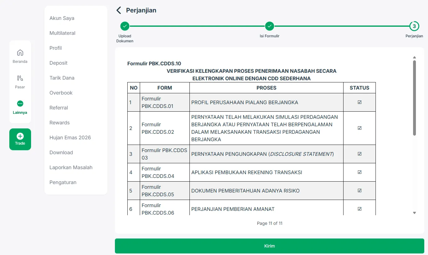 Formulir PBK.CDDS.10 pada langkah perjanjian MIFX
