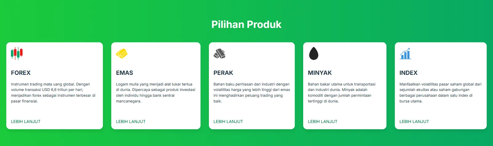 Menu produk MIFX: forex, emas, perak, minyak, indeks