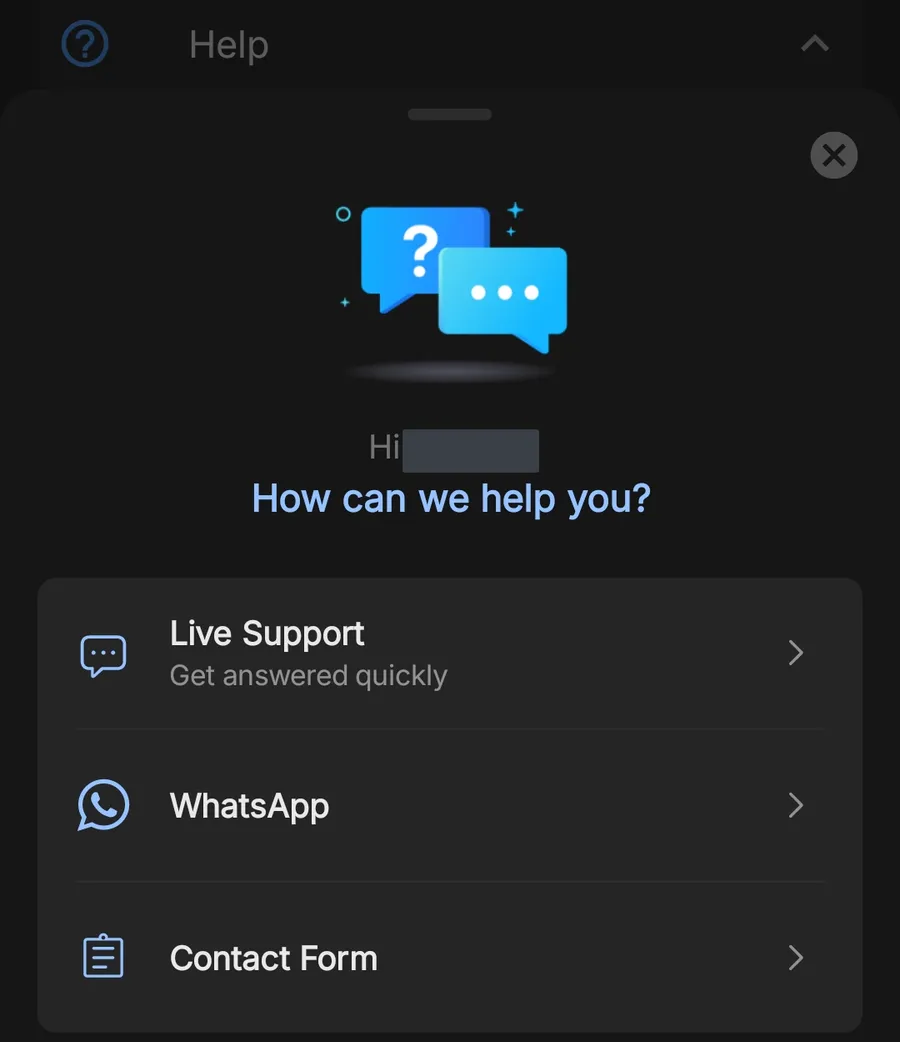 Menu Bantuan di aplikasi Plus500: Live Support, WhatsApp, formulir kontak