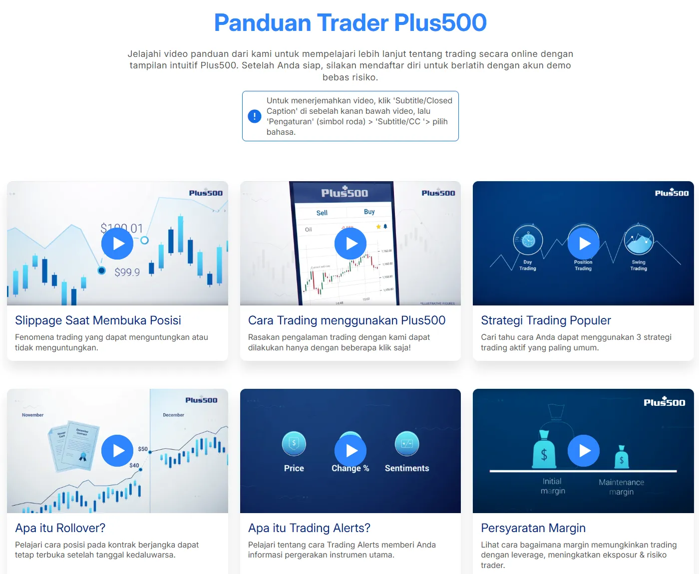 Halaman Panduan Trader Plus500 dengan video