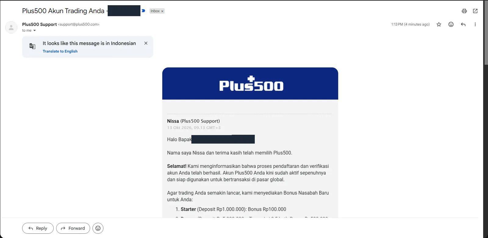 Email aktivasi akun Plus500 dengan tawaran bonus deposit